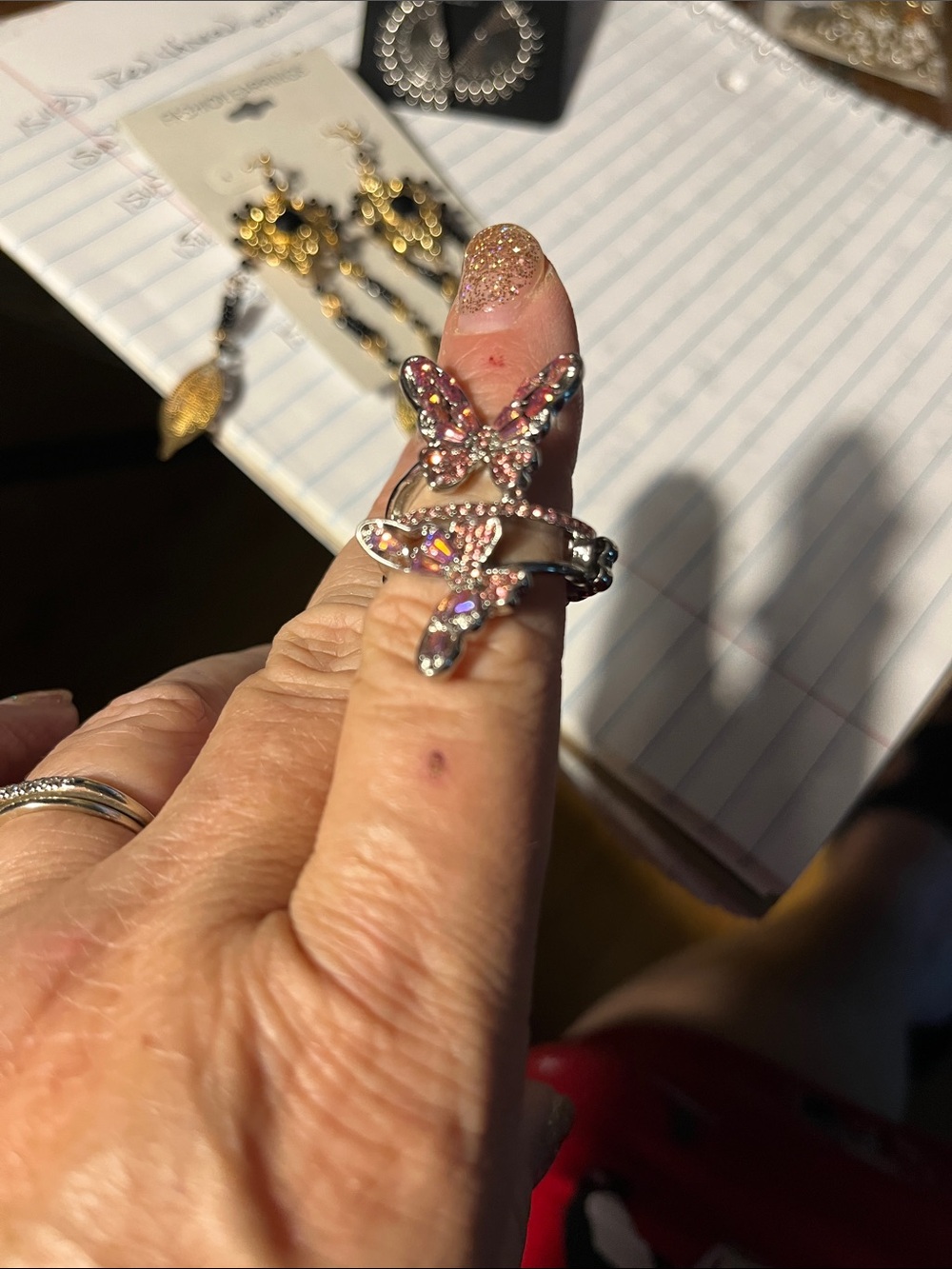 Silver Butterfly Crystal Adjustable Ring - Pink Iridescent 1547